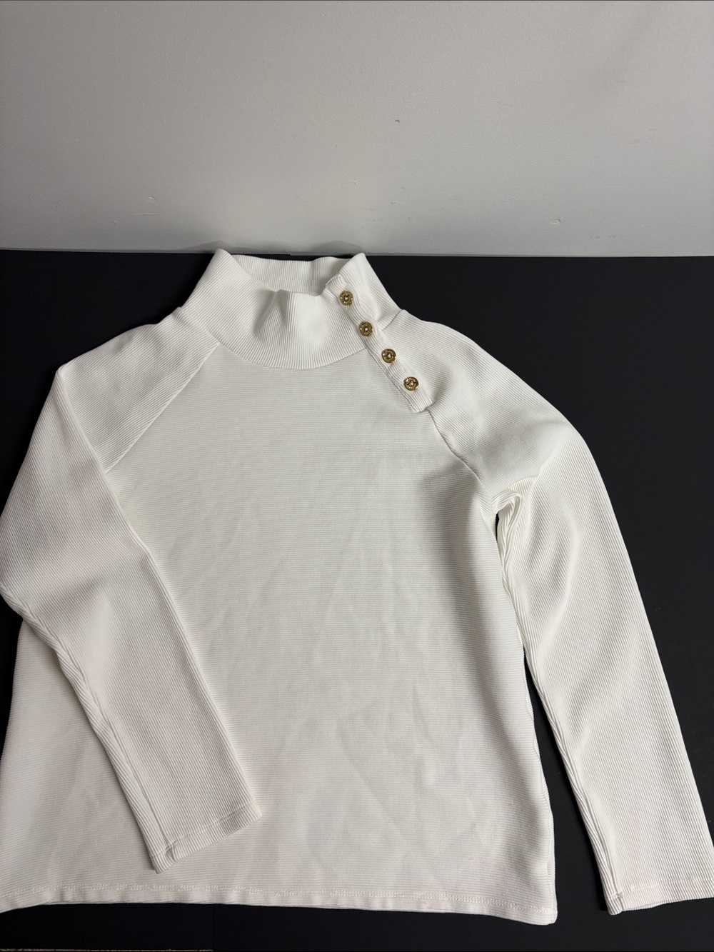 Andrew Marc Cream Mock Neck Long Sleeve Top with Gold Shoulder Buttons